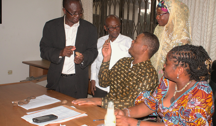Prof. Tano-Debrah (left) and Mr Greenstreet (2nd right) having a discussion on almond. With them are Prof. Edmund Delle (2nd left), Hajia Hamdatu Haruna (back) and Ms Susan Amankwa (right). Picture: MAXWELL OCLOO Prof. Tano-Debrah (left) and Mr Greenstreet (2nd right) having a discussion on almond. With them are Prof. Edmund Delle (2nd left), Hajia Hamdatu Haruna (back) and Ms Susan Amankwa (right). Picture: MAXWELL OCLOO
